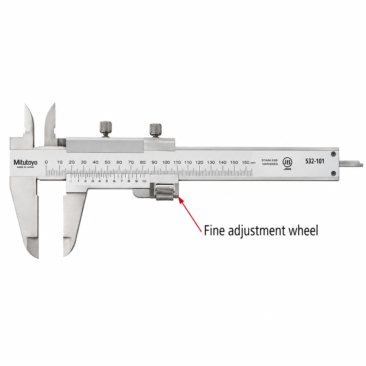 Annotated Stainless Steel Vernier Caliper Mitutoyo Vernier Caliper with Fine Adjustment